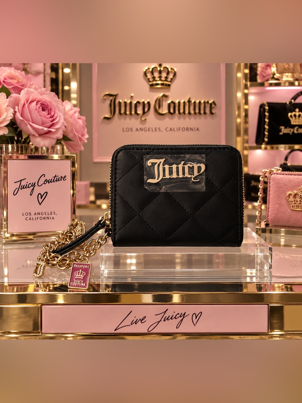 Juicy Couture Black Quilted Zip Wallet with Gold Chain Accent